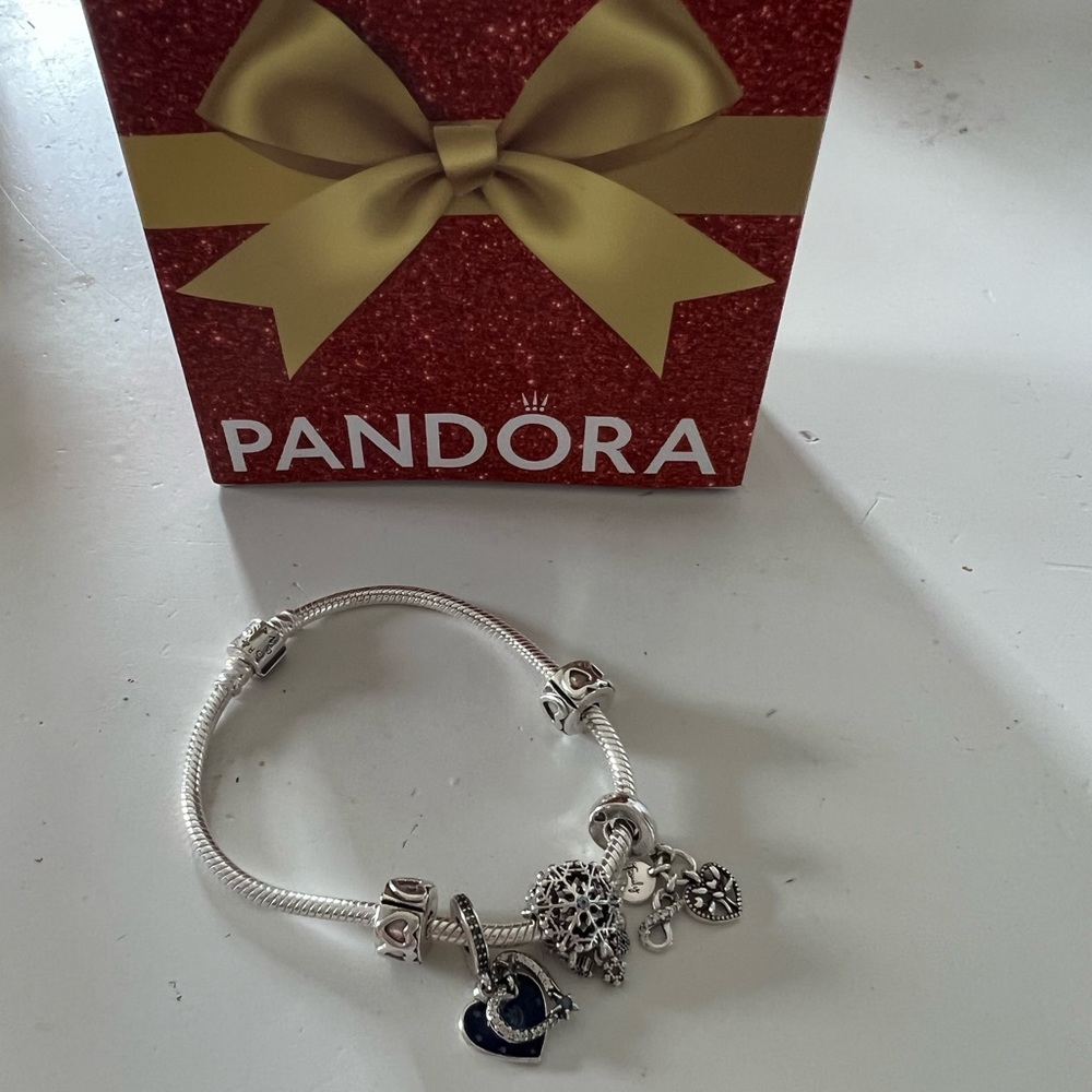 Pandora Moments Barrel Clasp Snake Chain Bracelet, Clasp Opener and Charms